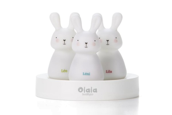 Veilleuse trio de lapins "Léo, Léni et Lila" avec base blanche